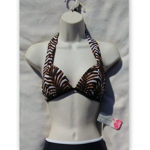 Tropical Escape Size 10 Black Brown & White Print Halter Tie Womens Bikini Top